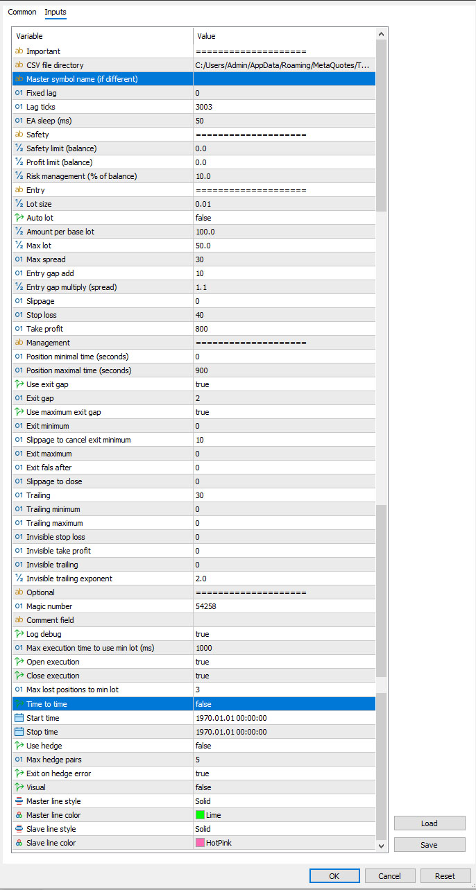 RAZOR MetaTrader 5 input parameters panel